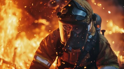 A firefighter using advanced technology gear for protection against flames, close-up with professional color grading