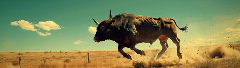 A dynamic scene of a bull leaping over obstacles, metaphor for overcoming market challenges, with professional color grading