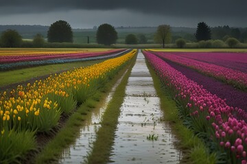 A peaceful countryside scene on a rainy spring day, with the soft pitter-patter of rain on the fields