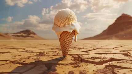 A hyper-realistic depiction of an ice cream cone melting rapidly against the backdrop of a scorching desert - obrazy, fototapety, plakaty