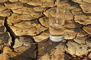 Glass is being filled with water, isolated in a Drought-stricken extremely dry cracked field