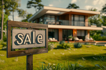 Wooden sign with text "sale". Modern big house on blurred background in a sunny day.