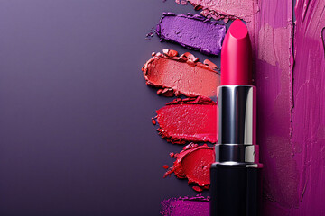 top view of lipstick with smear painting on dark purple background, commercial lipstick poster, cosmetic background