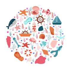 set of underwater, vector, cartoon  animals, isolated handmade sea life items for your design 