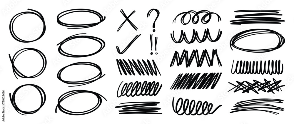 Poster set of scribble doodle element vector. hand drawn doodle style collection of speech bubble, scribble