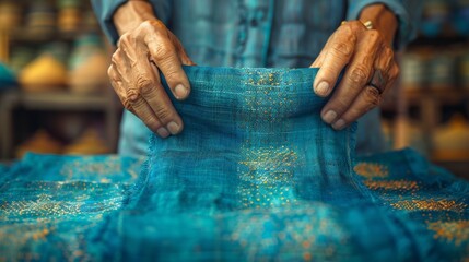 Traditional Isan weave made from indigo cotton. Hand holds indigo fabric. - obrazy, fototapety, plakaty