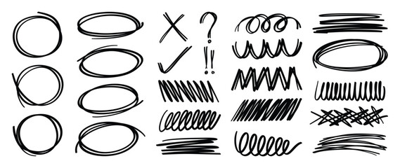 Set of scribble doodle element vector. Hand drawn doodle style collection of speech bubble, scribble, marker, highlight, symbol. Design for print, cartoon, card, decoration, sticker.