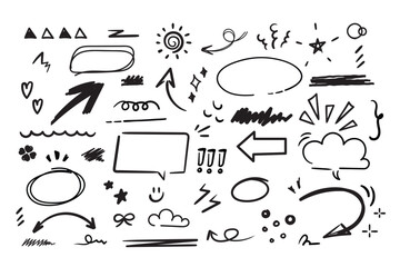 Set of cute pen line doodle element vector. Hand drawn doodle style collection of scribble, speech bubble, arrow, heart, star, cloud. Design for print, cartoon, card, decoration, sticker.