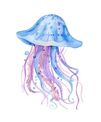 Blue jellyfish isolated on white background, watercolor illustration.
