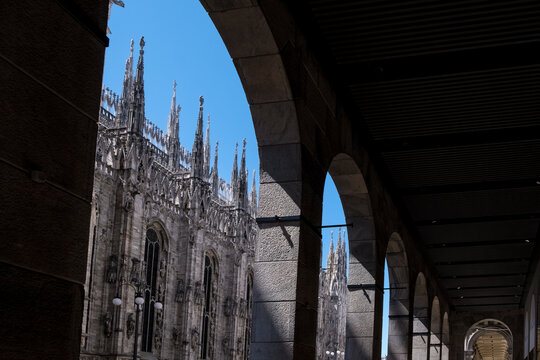 View of Milan Cathedral (Duomo di Milano), dedicated to the Nativity of St. Mary, from a nearby building in the Piazza del Duomo, Milan, Lombardy, Italy
