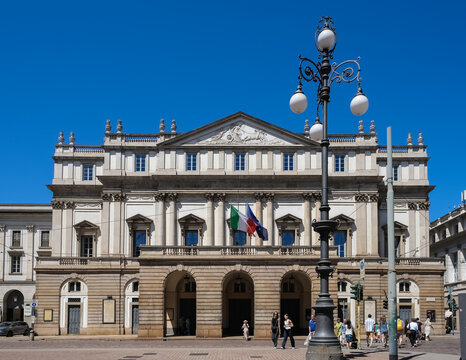 Exterior of La Scala, world renowned Opera House, Piazza della Scala, Milan, Lombardy, Italy