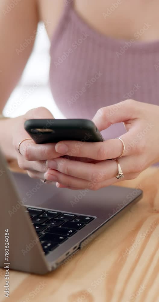 Poster phone, typing and hands of woman with laptop online for text message, chatting and communication. re