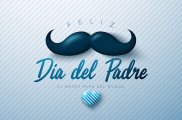 Happy Father's Day Greeting Card Design with Heart and Mustache on Light Background. Feliz Dia del Padre Spanish Language Vector Illustration for Dad. Template for Banner, Flyer or Poster.