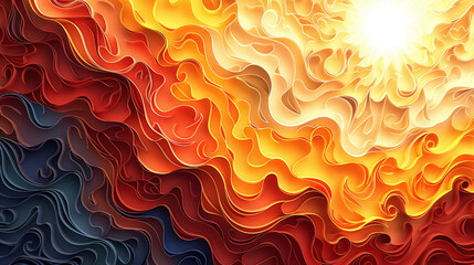 An inferno of fractal patterns resembling a sun radiates heat, energy, and the dynamic nature of change in brilliant fiery colors - obrazy, fototapety, plakaty