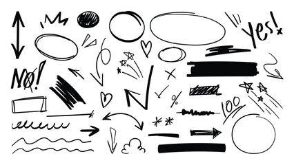Set of cute pen line doodle element vector. Hand drawn doodle style collection of scribble, speech bubble, arrow, star, heart. Design for print, cartoon, card, decoration, sticker.