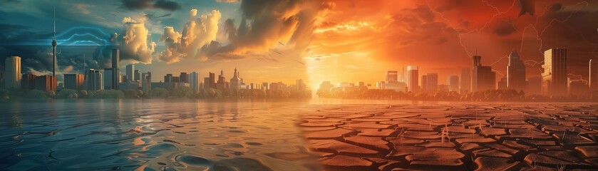 Global warming concept art, showcasing a world divided between extreme drought and flooded areas