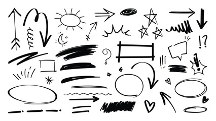 Set of cute pen line doodle element vector. Hand drawn doodle style collection of scribble, speech bubble, arrow, moon, heart, star. Design for print, cartoon, card, decoration, sticker.