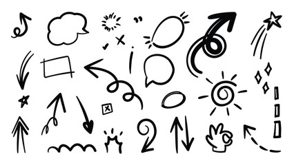 Set of cute pen line doodle element vector. Hand drawn doodle style collection of scribble, speech bubble, arrow, star, hand, sparkle. Design for print, cartoon, card, decoration, sticker.