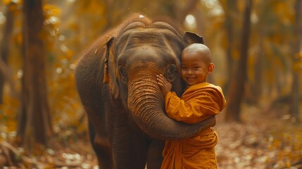 Thai novices or monks hug elephants. - obrazy, fototapety, plakaty