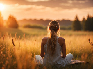meditating and relaxing blonde woman in evening or morning nature, golden hour 