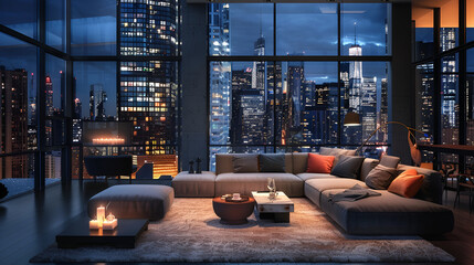 Modern Canopy Window Framing City Night Lights in Stylish Living Room