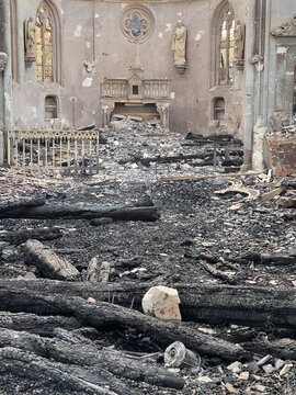 Catholic church destroyed by fire in Romilly-la-Puthenaye, Eure, Normandy, France
