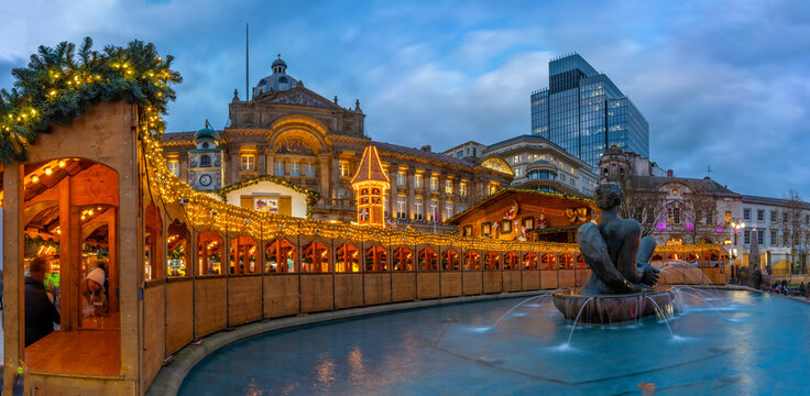 View of Christmas Market stalls in Victoria Square, Birmingham, West Midlands, England, United Kingdom