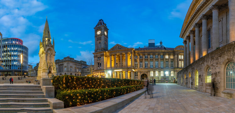 View of Chamberlain Memorial in Chamberlain Square at dusk, Birmingham, West Midlands, England, United Kingdom