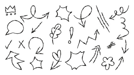 Set of cute pen line doodle element vector. Hand drawn doodle style collection of scribble, speech bubble, arrow, crown, flower. Design for print, cartoon, card, decoration, sticker.