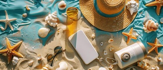 A flat lay of a beach bag packed with essentials such as towels, sunscreen, sunglasses, a book, and a beach ball, laid out on sandy shores with seashells scattered around - obrazy, fototapety, plakaty