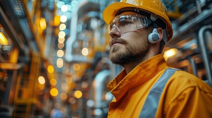 Workers in large industrial plants wear protective equipment including hard hats, eye protection, ear plugs, and vis clothing. - obrazy, fototapety, plakaty