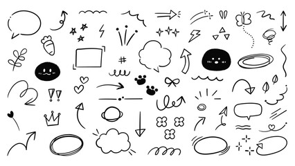 Set of cute pen line doodle element vector. Hand drawn doodle style collection of scribble, speech bubble, arrow, paw, carrot, flower, heart. Design for print, cartoon, card, decoration, sticker.