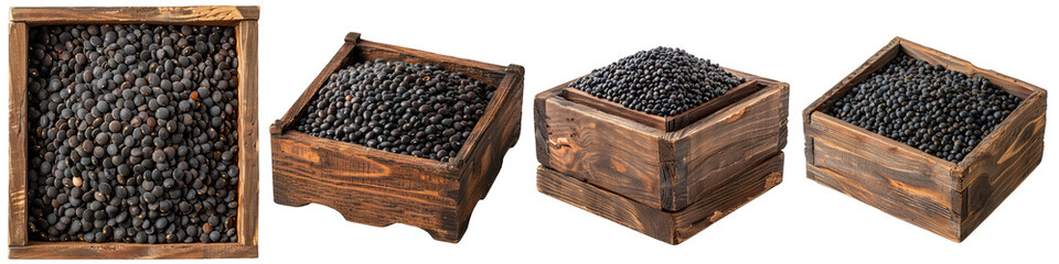Wooden Box Full Of Beluga Lentils Hyperrealistic Highly Detailed Isolated On Transparent Background Png - obrazy, fototapety, plakaty
