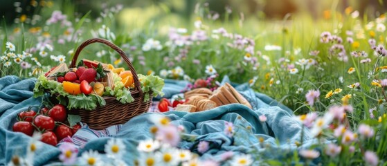 A flat lay of a picnic basket filled with sandwiches, salads, fruits, and snacks, nestled among a blanket, picnic utensils, and a bouquet of wildflowers, set against a backdrop of a lush green park