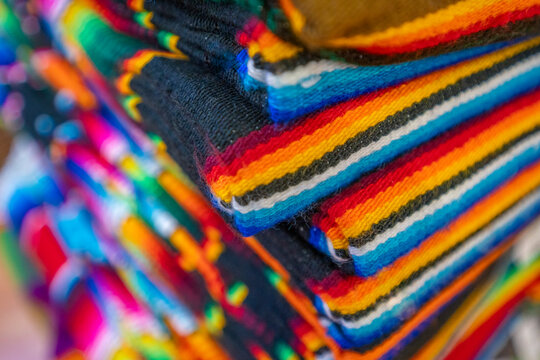 View of colourful fabric souvenirs, Hotel Zone, Cancun, Caribbean Coast, Yucatan Peninsula, Mexico