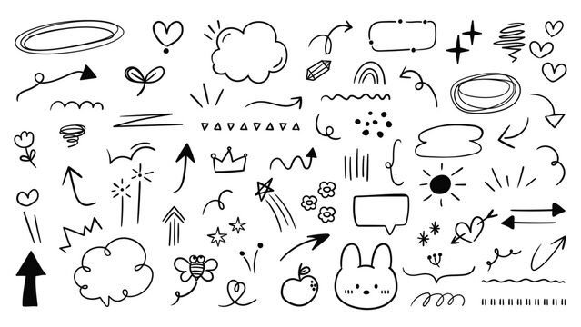 Set of cute pen line doodle element vector. Hand drawn doodle style collection of scribble, speech bubble, arrow, crown, bear, flower, bee. Design for print, cartoon, card, decoration, sticker.