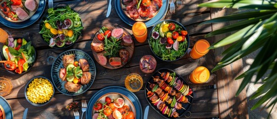 A top view of a stylish outdoor dining table set for a summer barbecue, with grilled meats, salads, and tropical cocktails laid out on colorful plates and glassware - obrazy, fototapety, plakaty