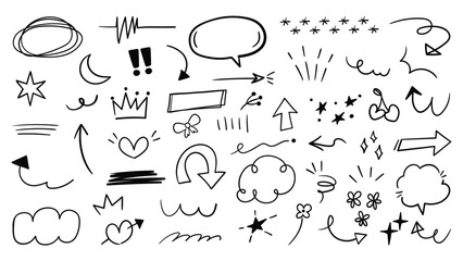 Set of cute pen line doodle element vector. Hand drawn doodle style collection of scribble, speech bubble, arrow, crown, star, ribbon, cherry. Design for print, cartoon, card, decoration, sticker.