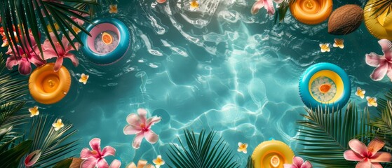 A top view of a tropical-themed pool party with inflatable floats, palm trees, and tropical flowers arranged around a sparkling swimming pool, with colorful cocktails served in coconut shells - obrazy, fototapety, plakaty