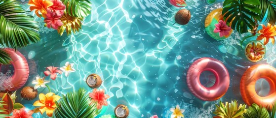 A top view of a tropical-themed pool party with inflatable floats, palm trees, and tropical flowers arranged around a sparkling swimming pool, with colorful cocktails served in coconut shells