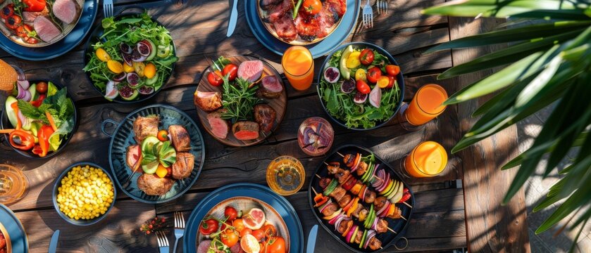 A top view of a stylish outdoor dining table set for a summer barbecue, with grilled meats, salads, and tropical cocktails laid out on colorful plates and glassware