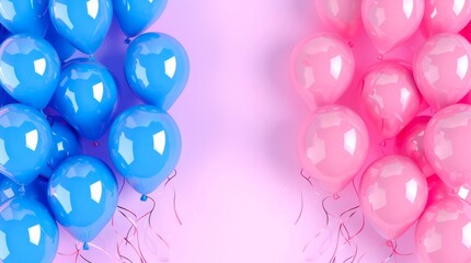 Blue and pink balloons on pastel pink background.