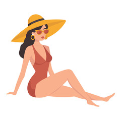 Summer vacation. Girl sunbathing in swimsuit, posing with hat, having a rest