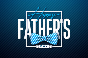 Happy Father's Day Greeting Card Design with Striped Bow Tie and Typography Lettering on Dark Blue Background. Vector Fathers Day Celebration Illustration for Best Dad. Template for Banner, Flyer or