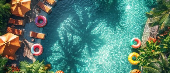 An aerial shot of a poolside scene with colorful inflatable floats, sun loungers, and umbrellas arranged around a crystal-clear swimming pool, surrounded by palm trees and lush foliage - obrazy, fototapety, plakaty