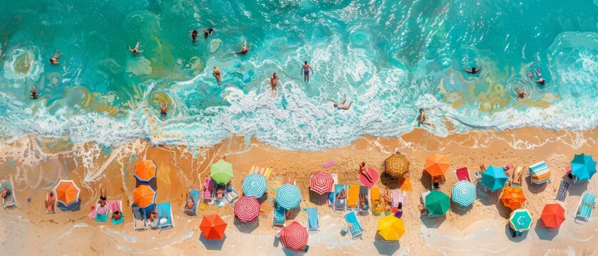 An aerial view of a colorful array of beach umbrellas and sun loungers lined up along the shoreline, with people sunbathing, swimming, and playing in the waves under a bright blue sky