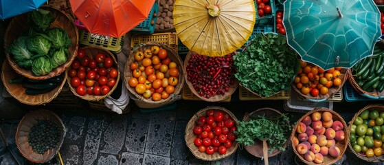 An overhead shot of a vibrant farmers' market stall filled with baskets of fresh produce, including ripe tomatoes, crisp lettuce, juicy peaches, and fragrant herbs, with colorful umbrellas overhead - obrazy, fototapety, plakaty