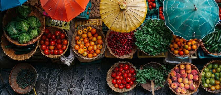 An overhead shot of a vibrant farmers' market stall filled with baskets of fresh produce, including ripe tomatoes, crisp lettuce, juicy peaches, and fragrant herbs, with colorful umbrellas overhead