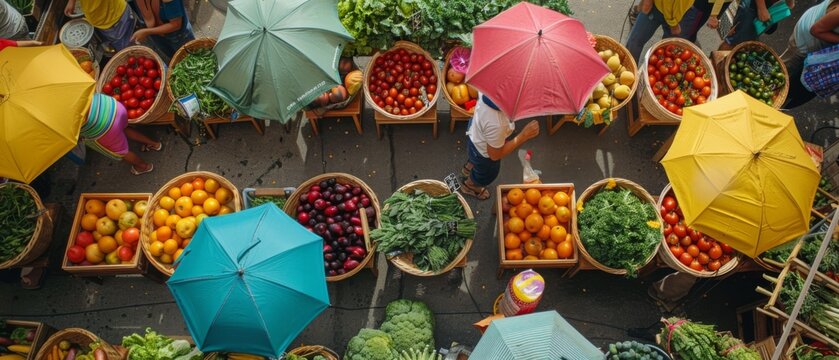 An overhead shot of a vibrant farmers' market stall filled with baskets of fresh produce, including ripe tomatoes, crisp lettuce, juicy peaches, and fragrant herbs, with colorful umbrellas overhead