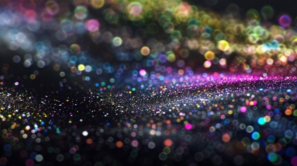 Abstract colorful particles on black background, multicolored dots and lines of various sizes with bokeh effect, set against a dark backdrop - obrazy, fototapety, plakaty